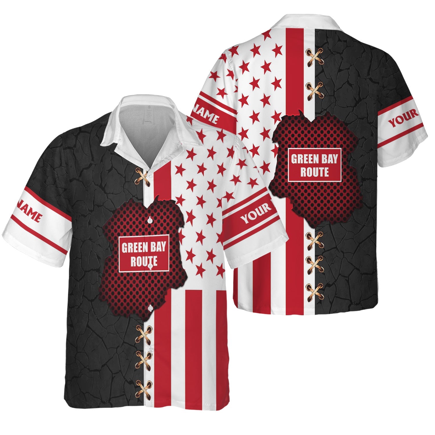 Railspirit Personalized Green Bay & Western Railroad Hawaiian Shirt American Flag with Crack Effect Train Shirt