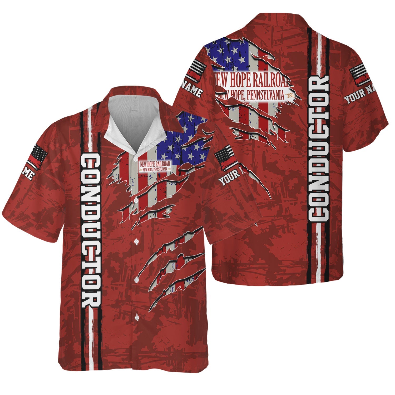 Railspirit Personalized New Hope Railroad Hawaiian Shirt USA Flag Claw Art with Custom Job Train Shirt