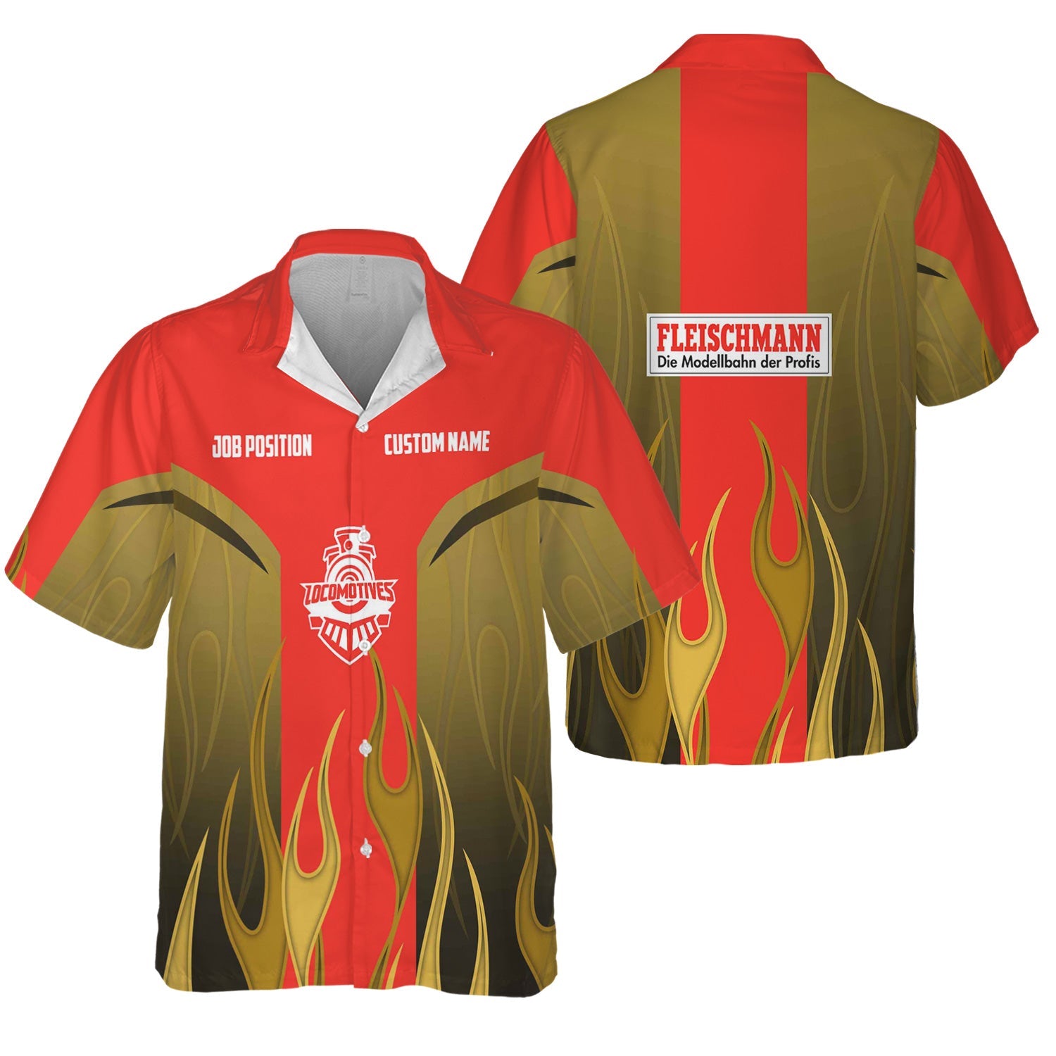 Railspirit Custom Name and Job Title Fleischmann And Western Railroad Hawaiian Shirt Flame Graphic Train Shirt For Rail Workers