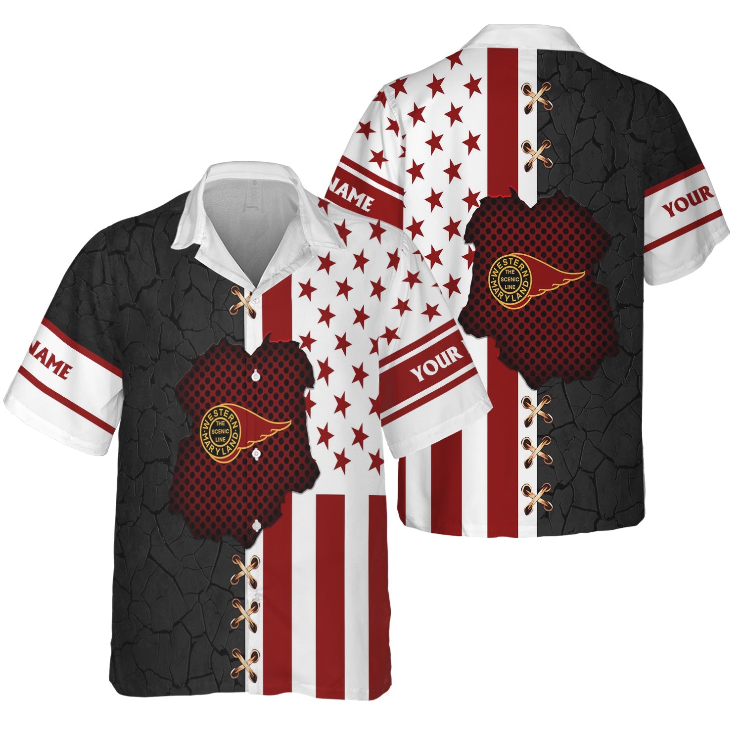 Railspirit Personalized Western Maryland Railway Hawaiian Shirt American Flag with Crack Effect Train Shirt