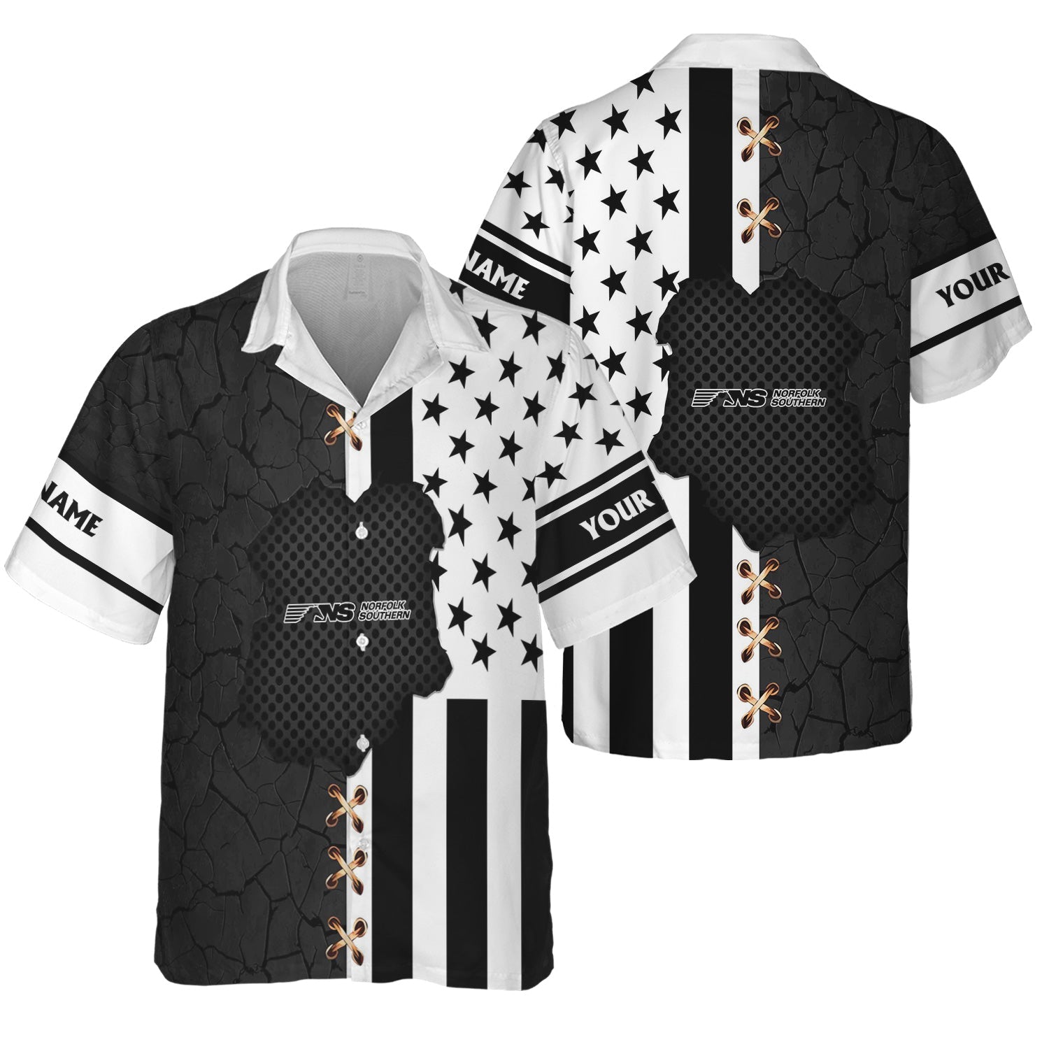 Railspirit Personalized Norfolk Southern Railway Hawaiian Shirt American Flag with Crack Effect Train Shirt
