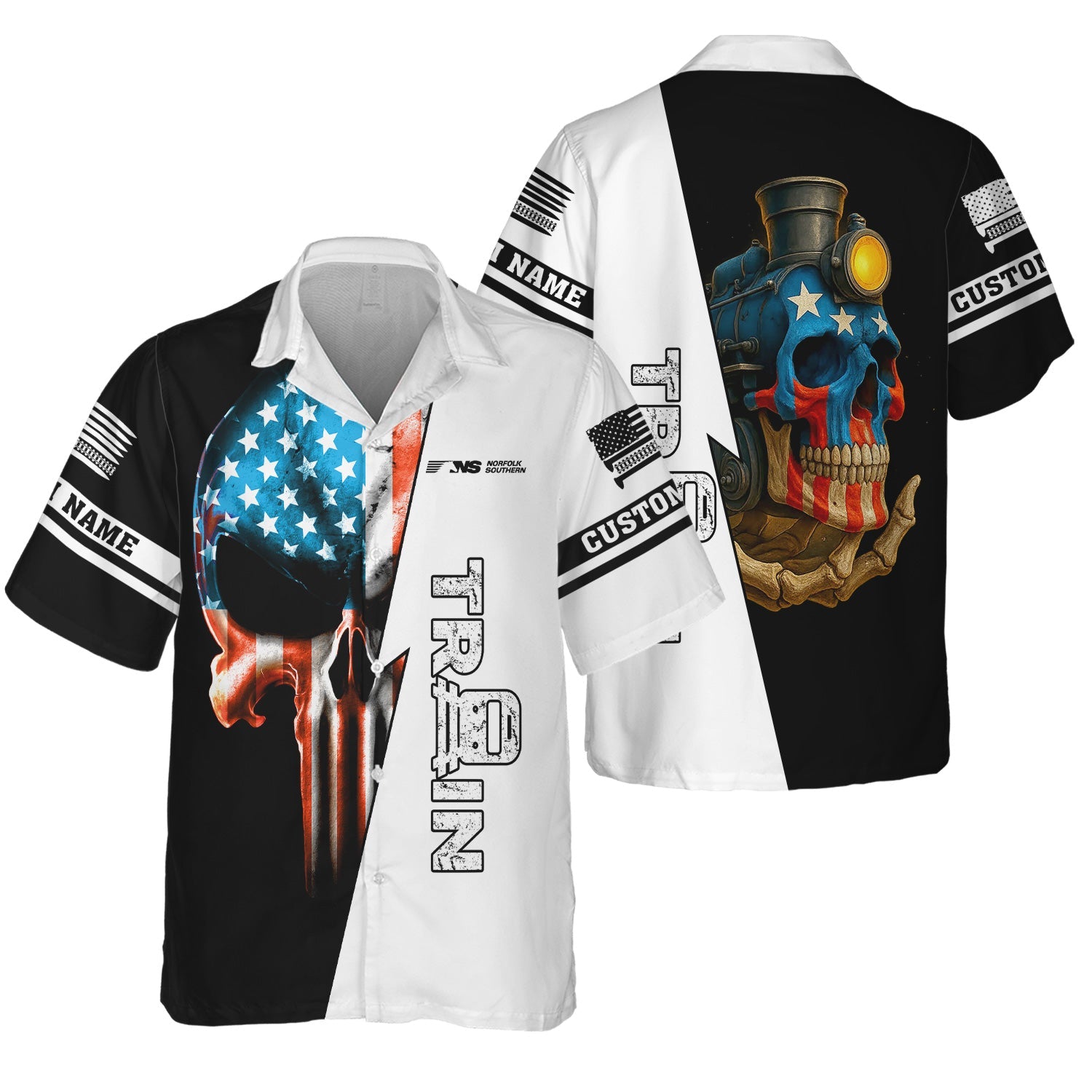 Railspirit Personalized Norfolk Southern Railway Hawaiian Shirt Train Skull American Flag Shirt All Over Print
