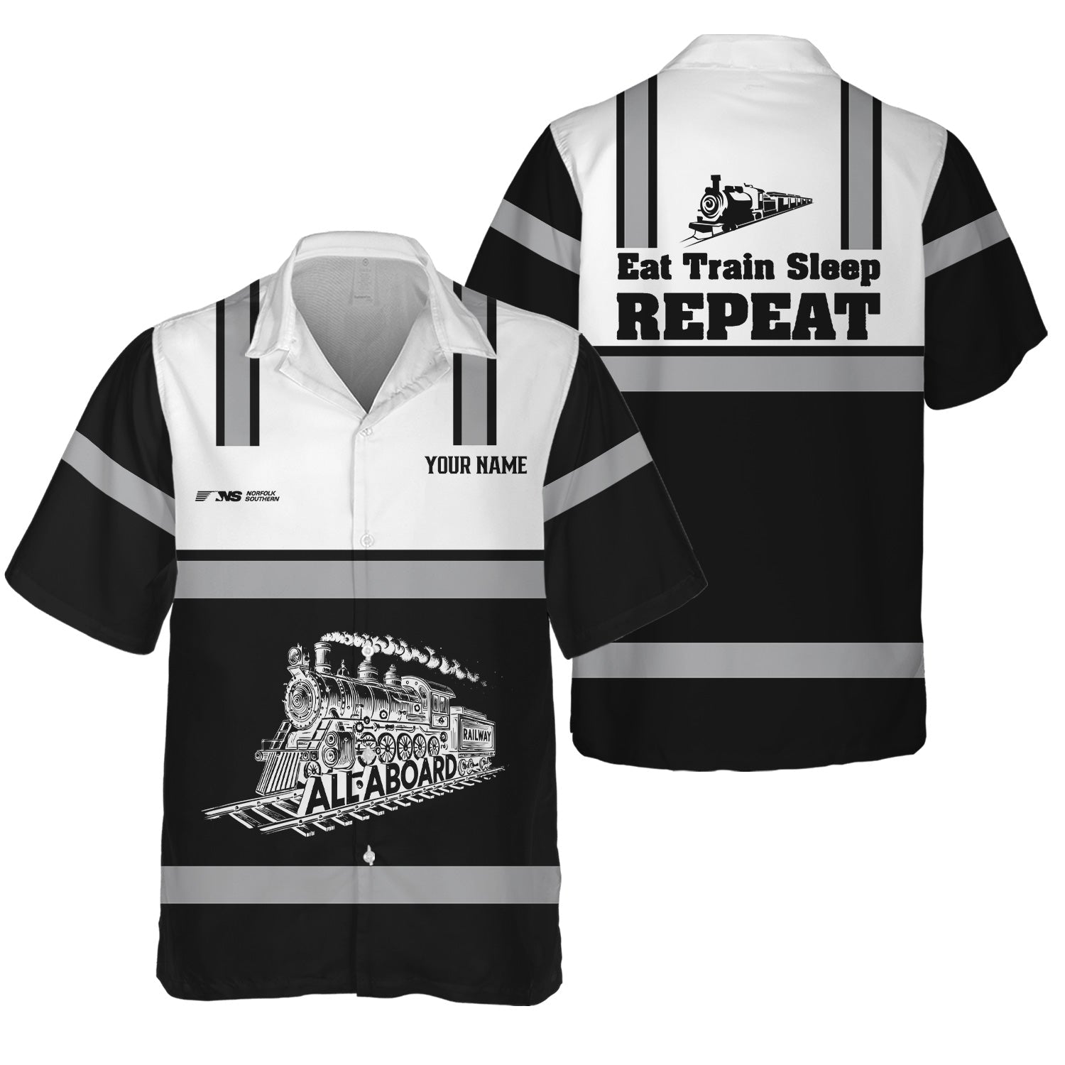 Railspirit Custom Name Norfolk Southern Railway Hawaiian Shirt Eat Train Sleep Repeat Printed Train Shirt