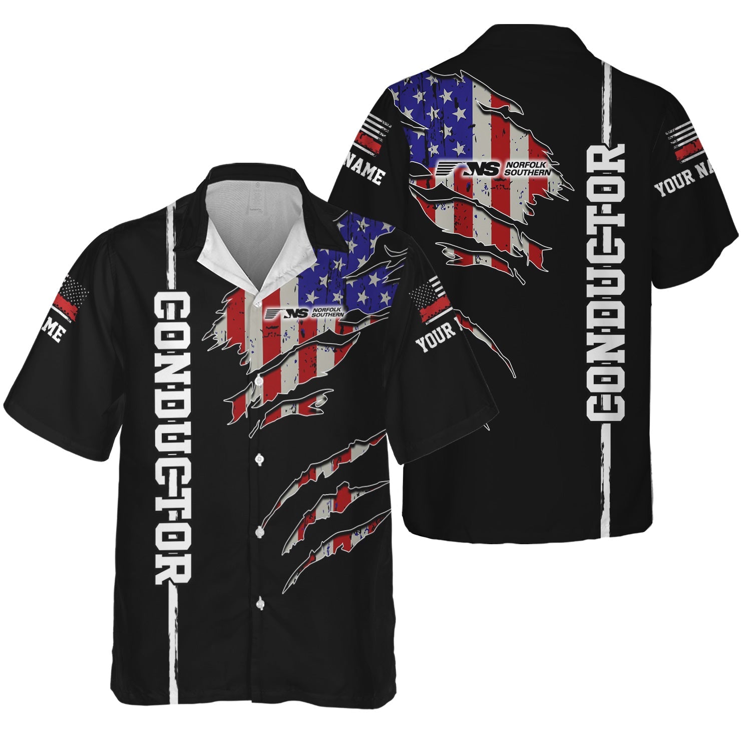 Railspirit Personalized Norfolk Southern Railway Hawaiian Shirt USA Flag Claw Art with Custom Job Train Shirt