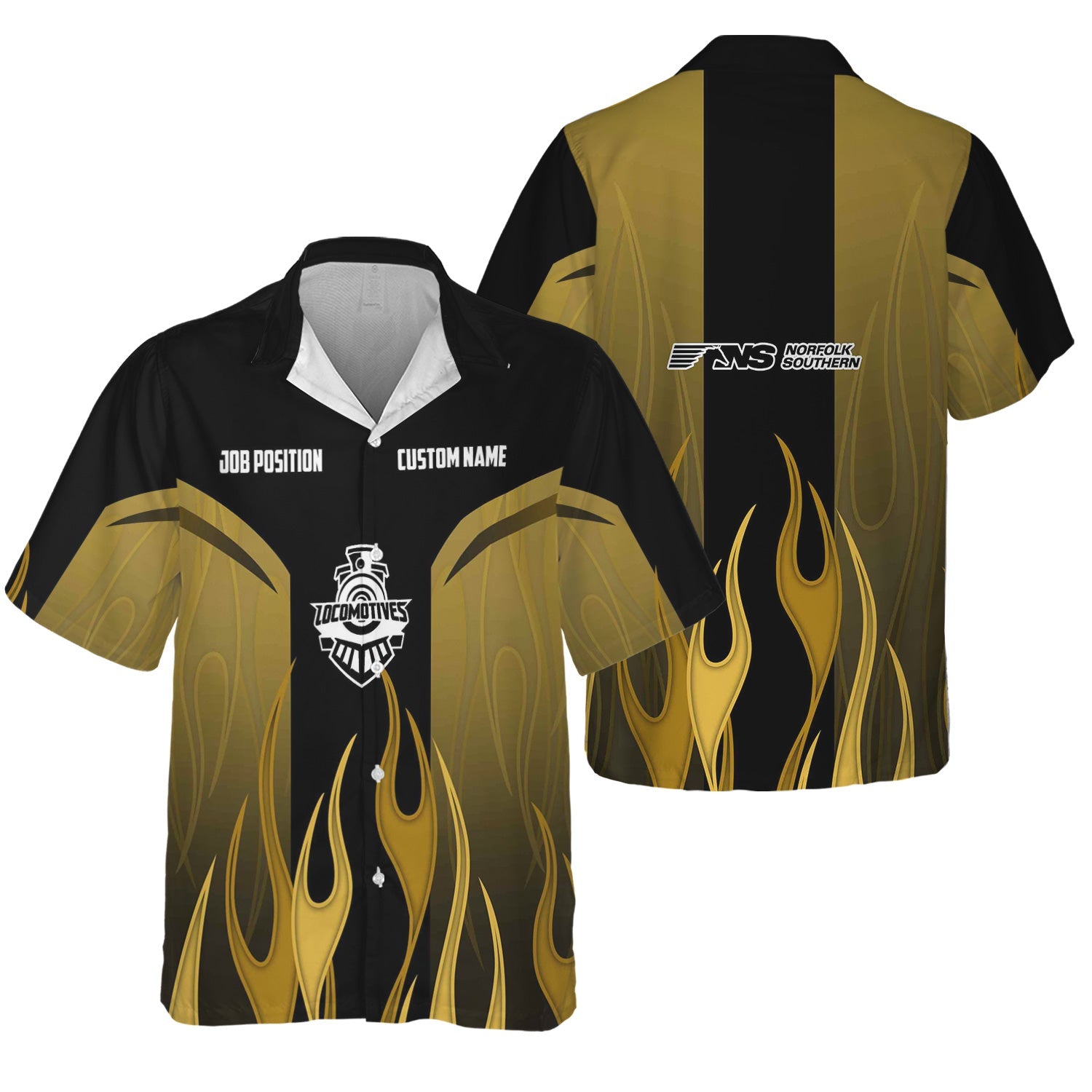 Railspirit Custom Name and Job Title Norfolk Southern Railway Hawaiian Shirt Flame Graphic Train Shirt For Rail Workers