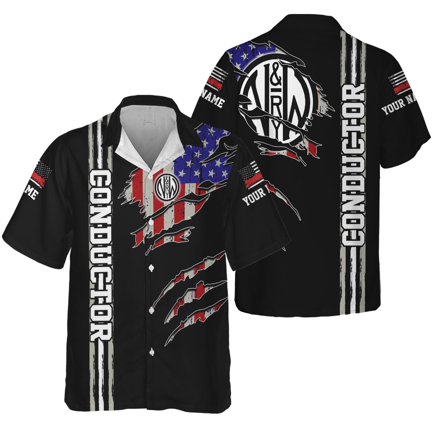 Railspirit Personalized Norfolk and Western Railway Hawaiian Shirt USA Flag Claw Art with Custom Job N&W Train Shirt