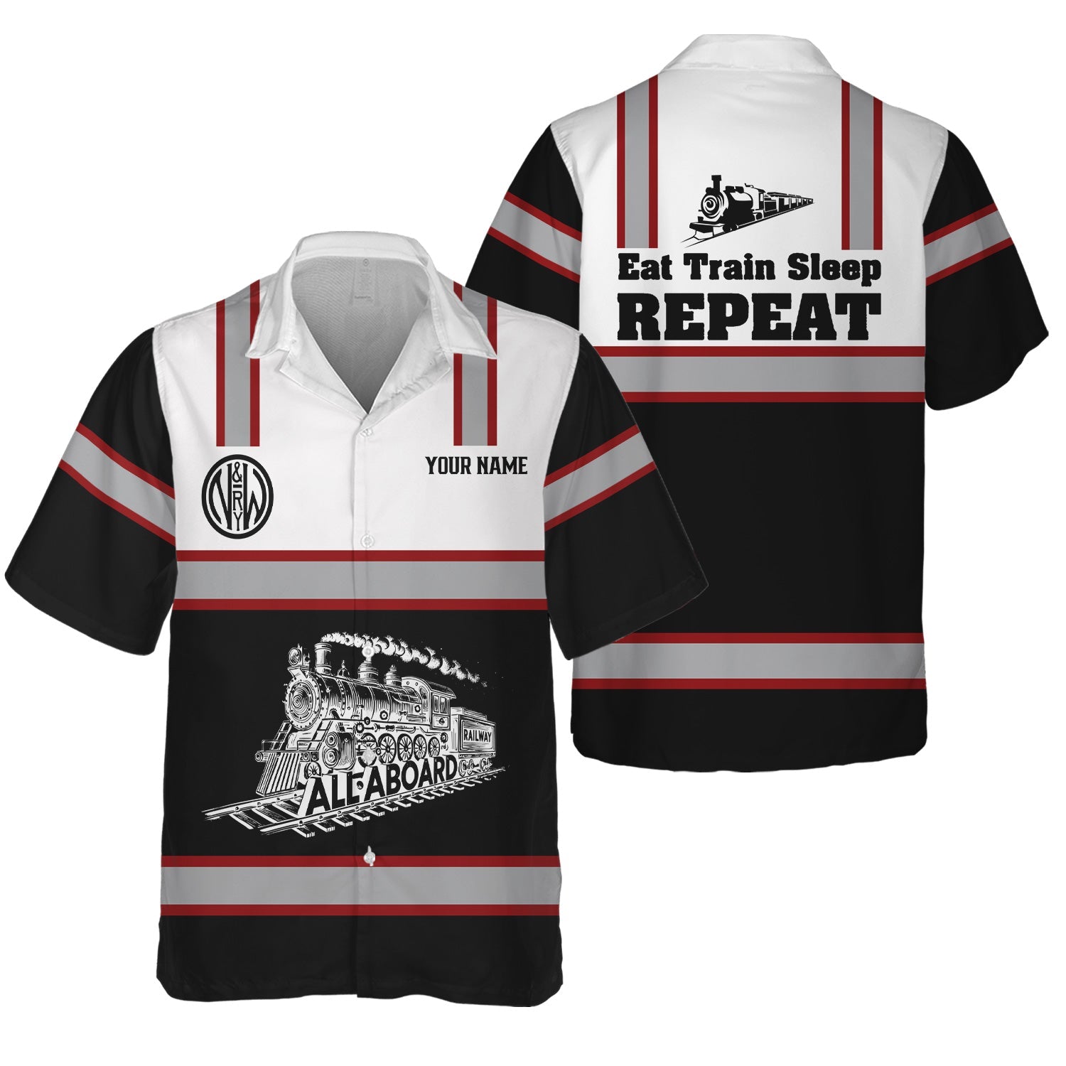 Railspirit Custom Name Norfolk and Western Railway Hawaiian Shirt Eat Train Sleep Repeat N&W Printed Train Shirt