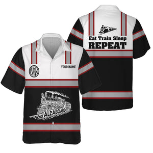 Railspirit Custom Name Norfolk and Western Railway Hawaiian Shirt Eat Train Sleep Repeat N&W Printed Train Shirt