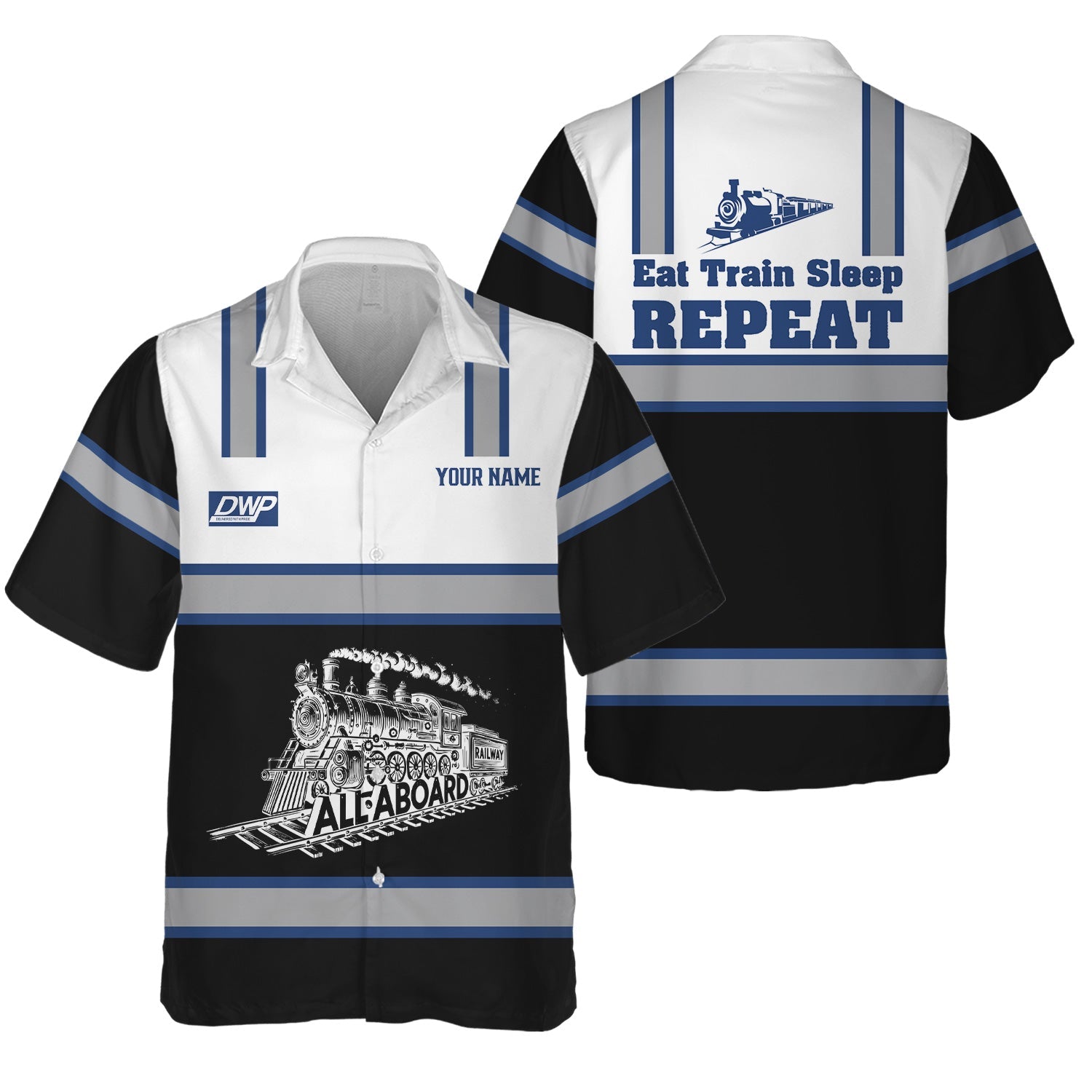 Railspirit Custom Name Duluth, Winnipeg and Pacific Railway Hawaiian Shirt Eat Train Sleep Repeat Printed Train Shirt