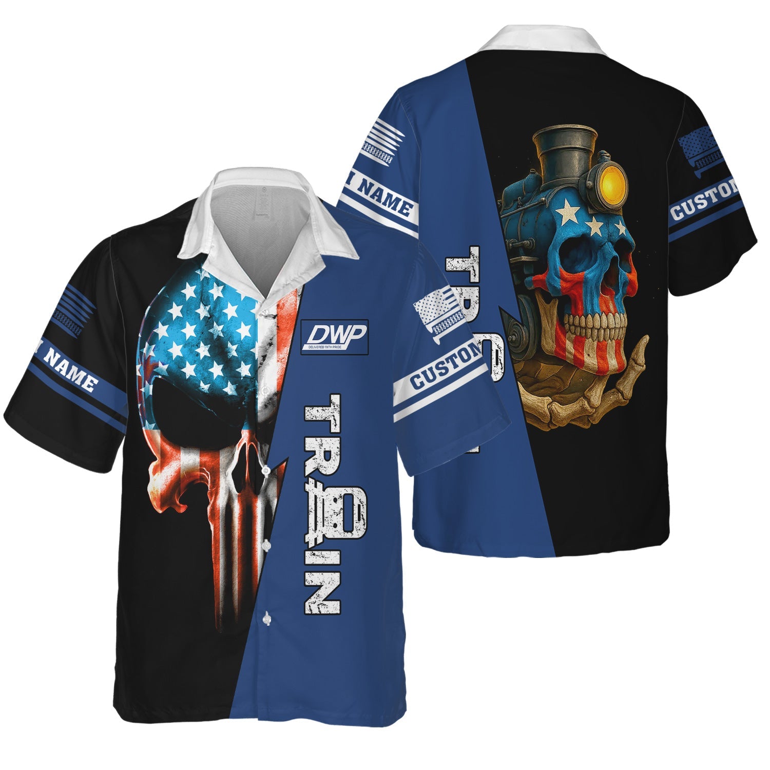 Railspirit Personalized Duluth, Winnipeg and Pacific Railway Hawaiian Shirt Train Skull American Flag Shirt All Over Print