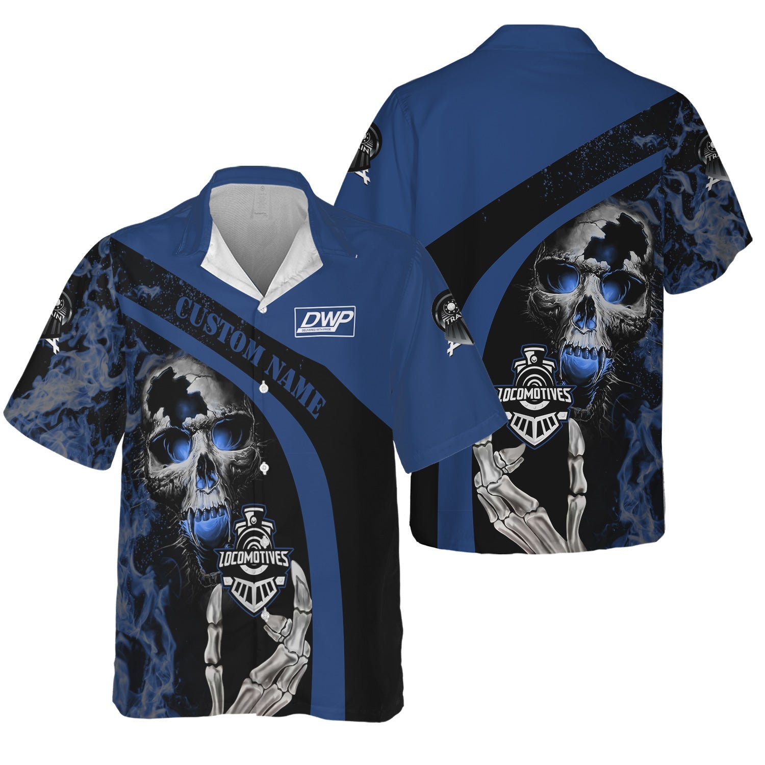 Railspirit Personalized Duluth, Winnipeg and Pacific Railway Hawaiian Shirt Flame Skull Design Train Shirt for Locomotive Fans