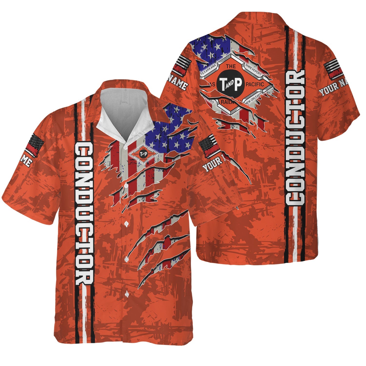 Railspirit Personalized Texas and Pacific Railway Hawaiian Shirt USA Flag Claw Art with Custom Job Train Shirt