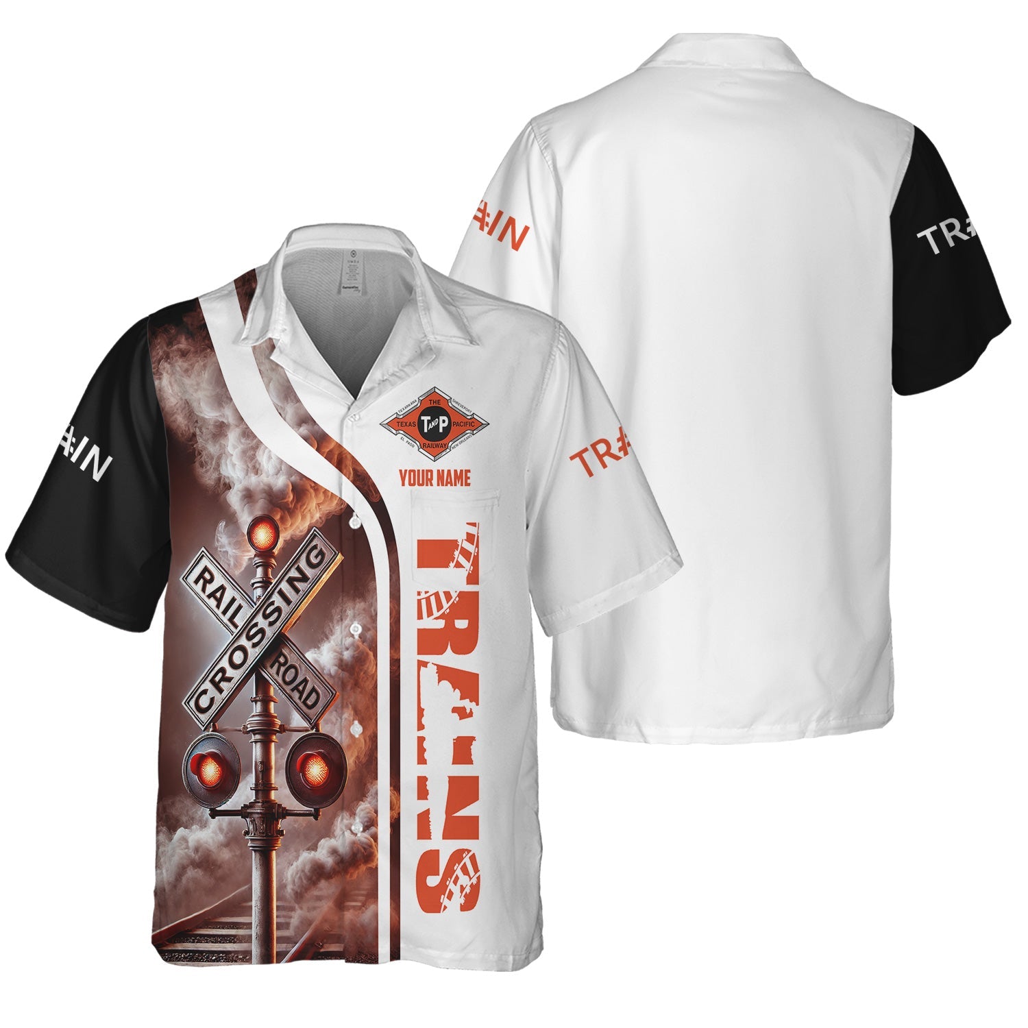 Railspirit Custom Name Texas and Pacific Railway Hawaiian Shirt Railroad Crossing Sign Printed Train Shirt