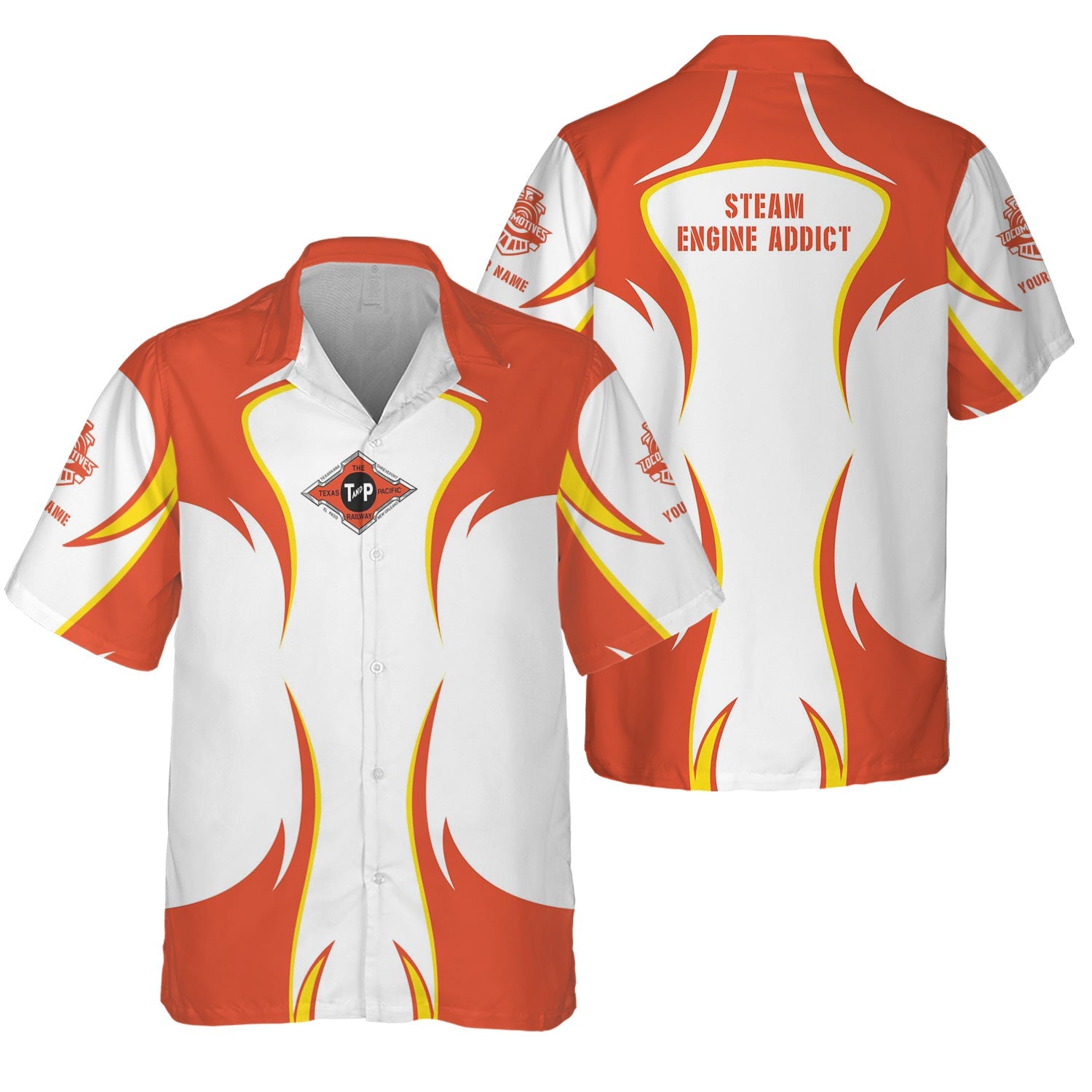 Railspirit Personalized Texas and Pacific Railway Hawaiian Shirt Distinctive Flame Style Shirt For Steam Engine Addict
