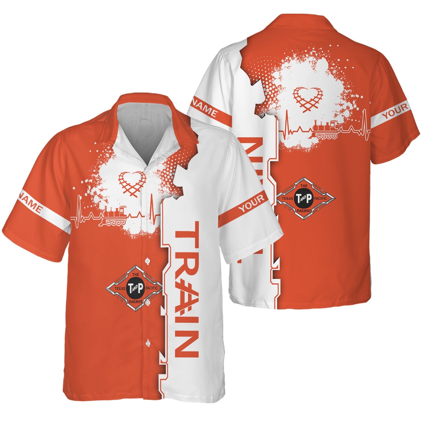 Railspirit Personalized Texas and Pacific Railway Hawaiian Shirt Engine Heartbeat and Track Love Style Shirt Gift Idea For Train Lovers