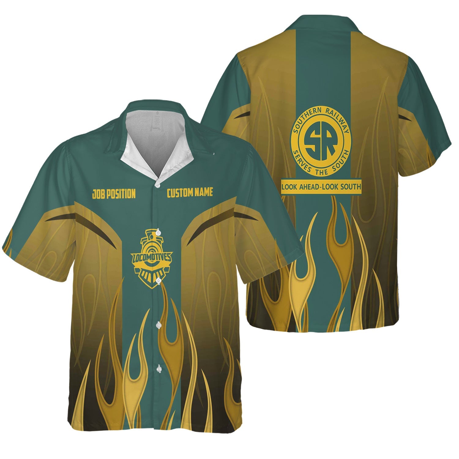 Railspirit Custom Name and Job Title Southern Railway U.S Hawaiian Shirt Flame Graphic SOU Train Shirt For Rail Workers