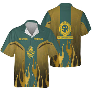 Railspirit Custom Name and Job Title Southern Railway U.S Hawaiian Shirt Flame Graphic SOU Train Shirt For Rail Workers