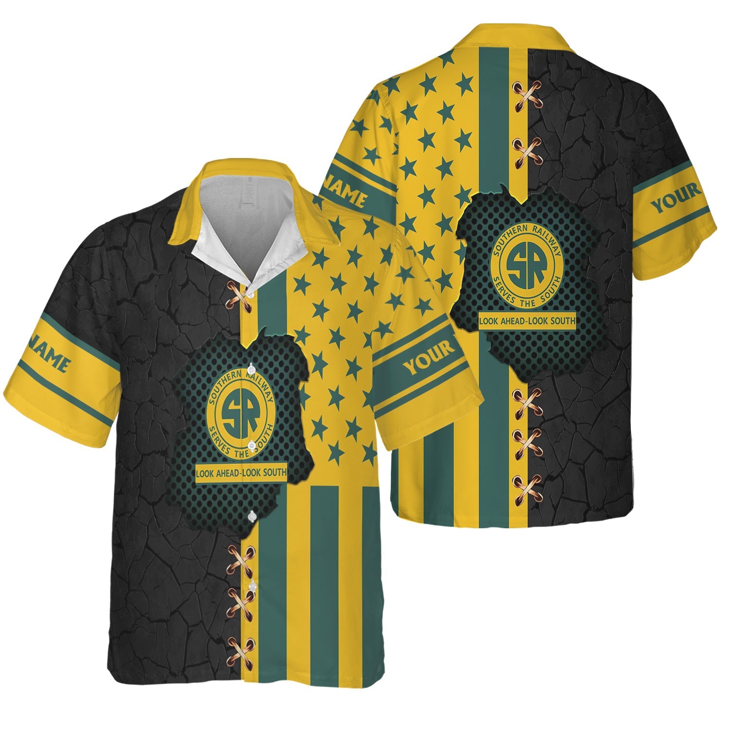 Railspirit Personalized Southern Railway U.S Hawaiian Shirt American Flag with Crack Effect SOU Train Shirt