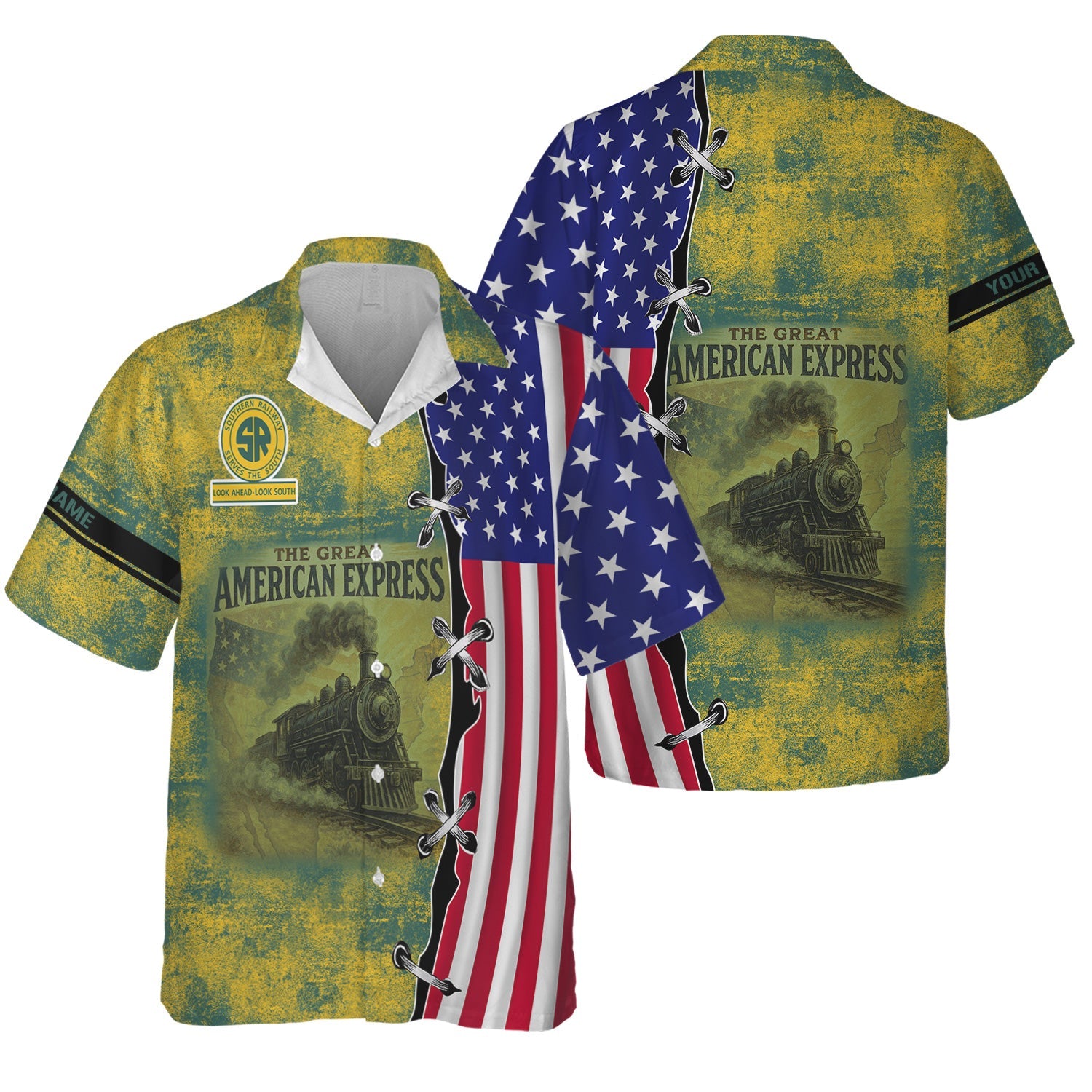 Railspirit Personalized Southern Railway U.S Hawaiian Shirt Retro American Express Train With USA Flag SOU Shirt