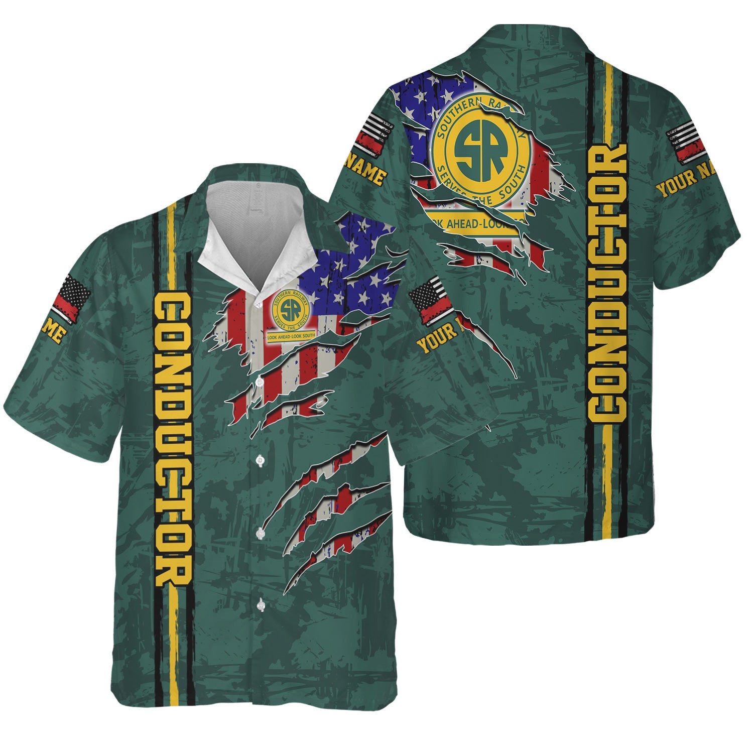 Railspirit Personalized Southern Railway U.S Hawaiian Shirt USA Flag Claw Art with Custom Job SOU Train Shirt