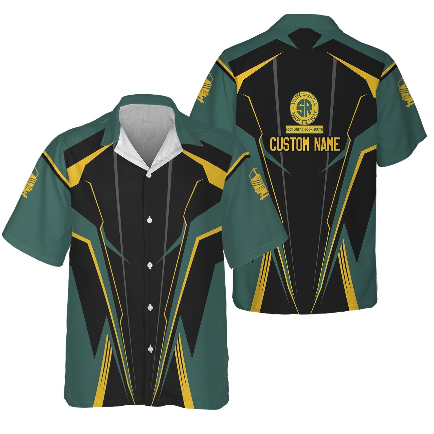 Railspirit Personalized Southern Railway U.S Hawaiian Shirt Lightning-Edge Design SOU Train Shirt For Railroad Lovers