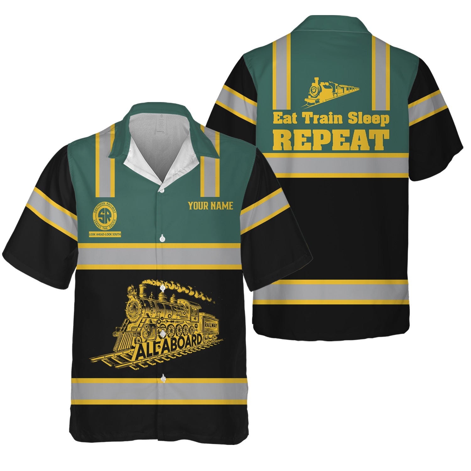 Railspirit Custom Name Southern Railway U.S Hawaiian Shirt Eat Train Sleep Repeat SOU Printed Train Shirt
