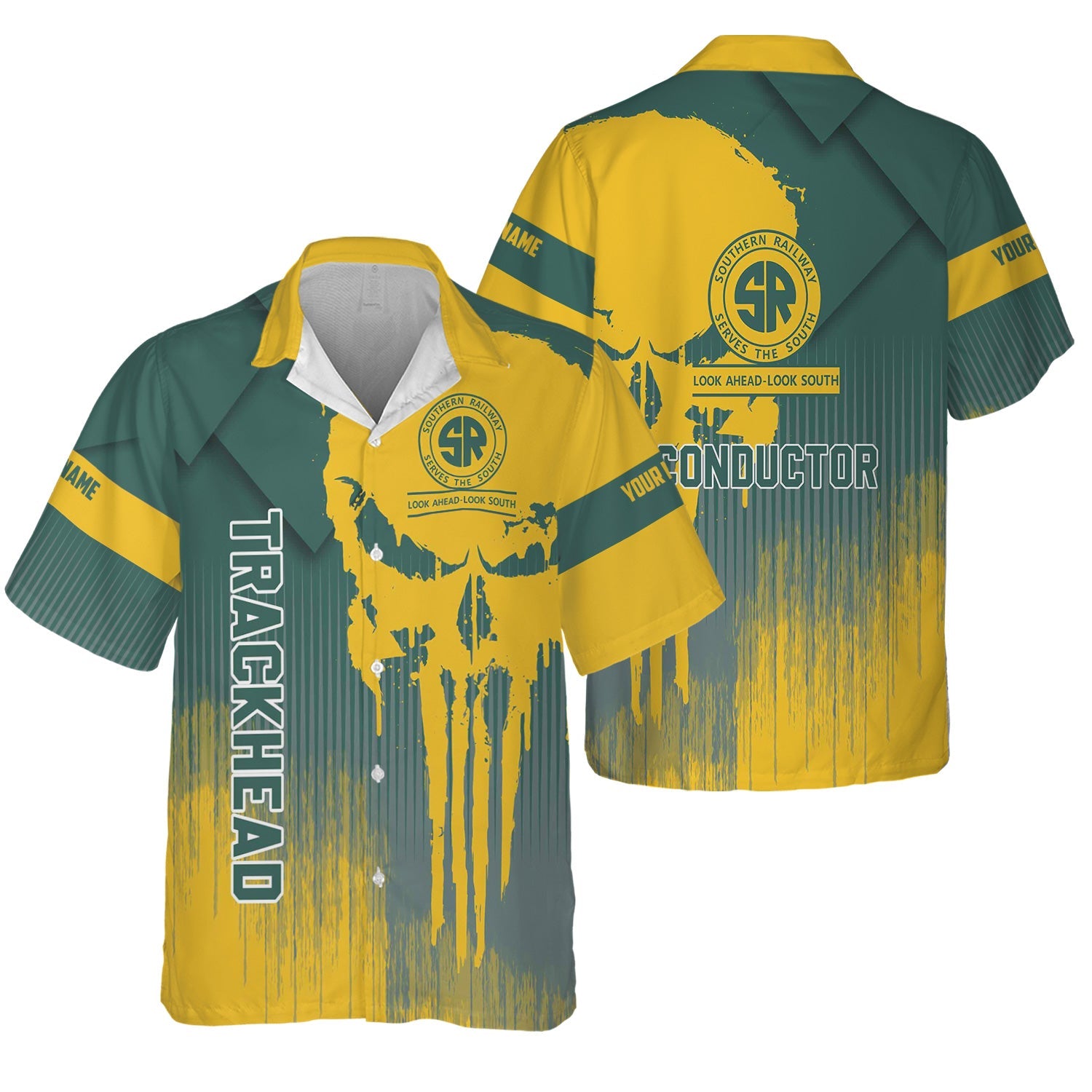 Railspirit Personalized Southern Railway U.S Hawaiian Shirt Skull Design with Custom Job SOU Train Shirt for Trackhead Crew