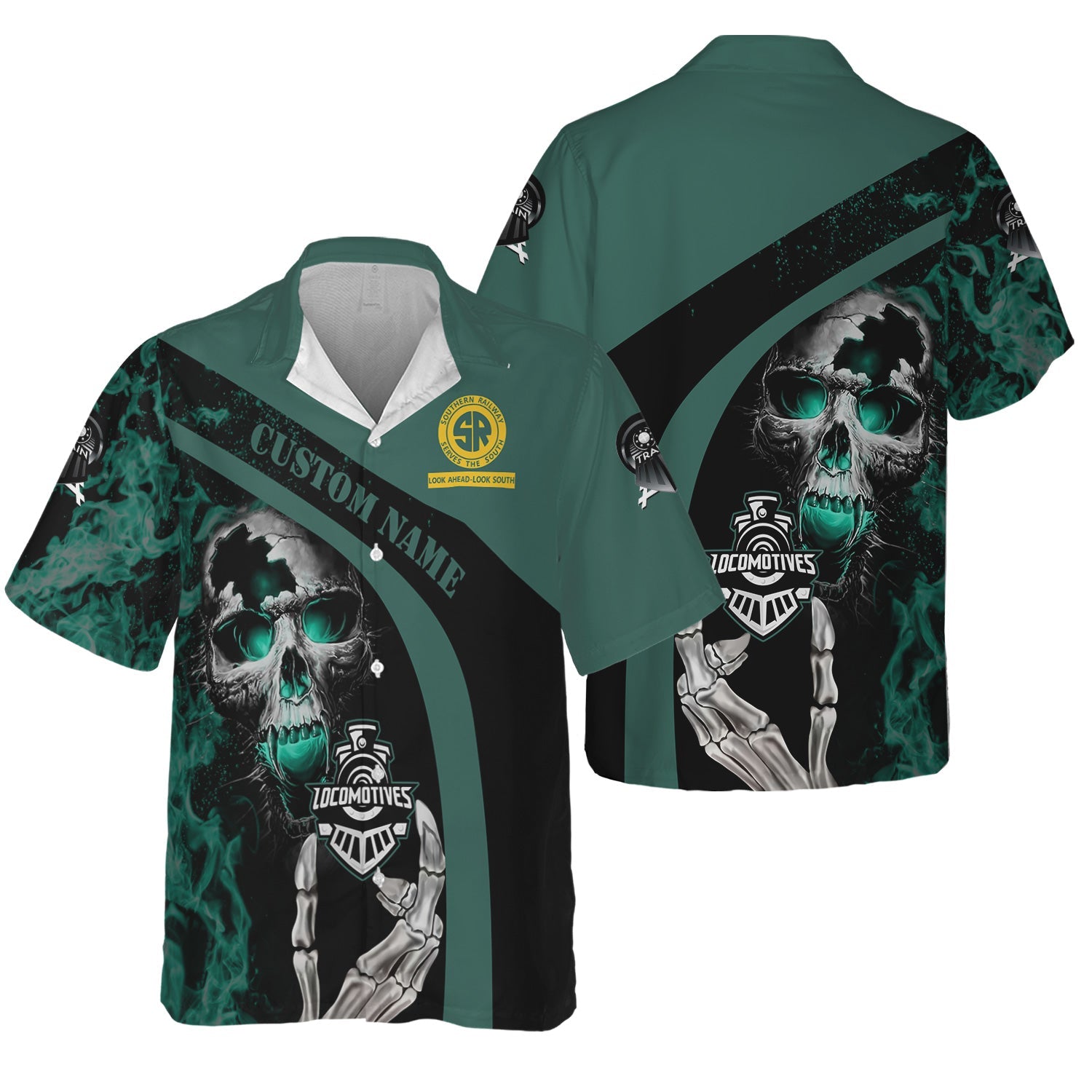 Railspirit Personalized Southern Railway U.S Hawaiian Shirt Flame Skull Design SOU Train Shirt for Locomotive Fans
