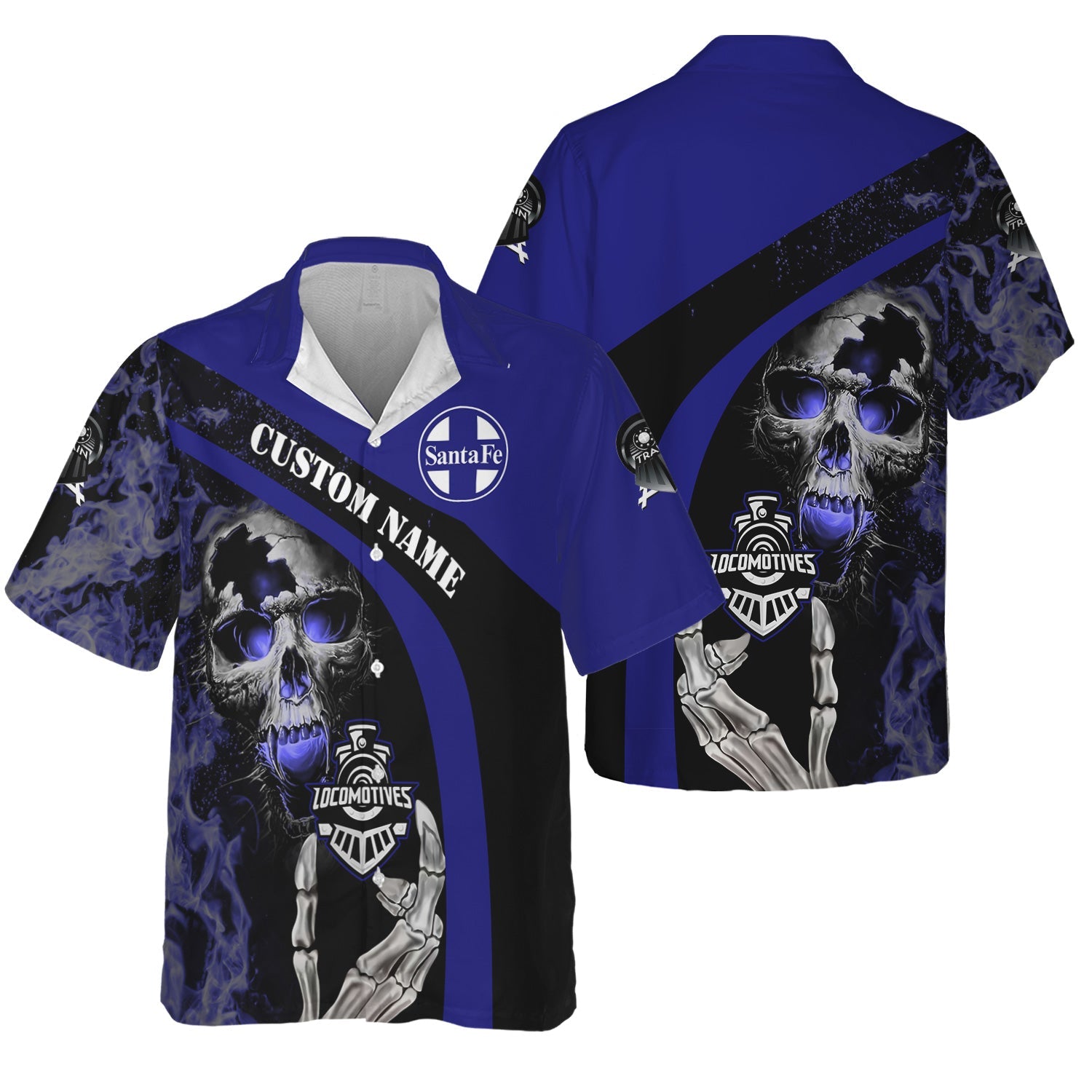 Railspirit Personalized Santa Fe ATSF Railway Hawaiian Shirt Flame Skull Design Atchison, Topeka and Santa Fe Train Shirt for Locomotive Fans