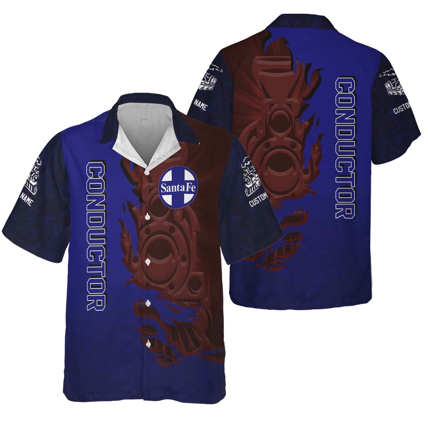 Railspirit Personalized Santa Fe ATSF Railway Hawaiian Shirt Blazing Style with Custom Position Atchison, Topeka and Santa Fe Train Shirt
