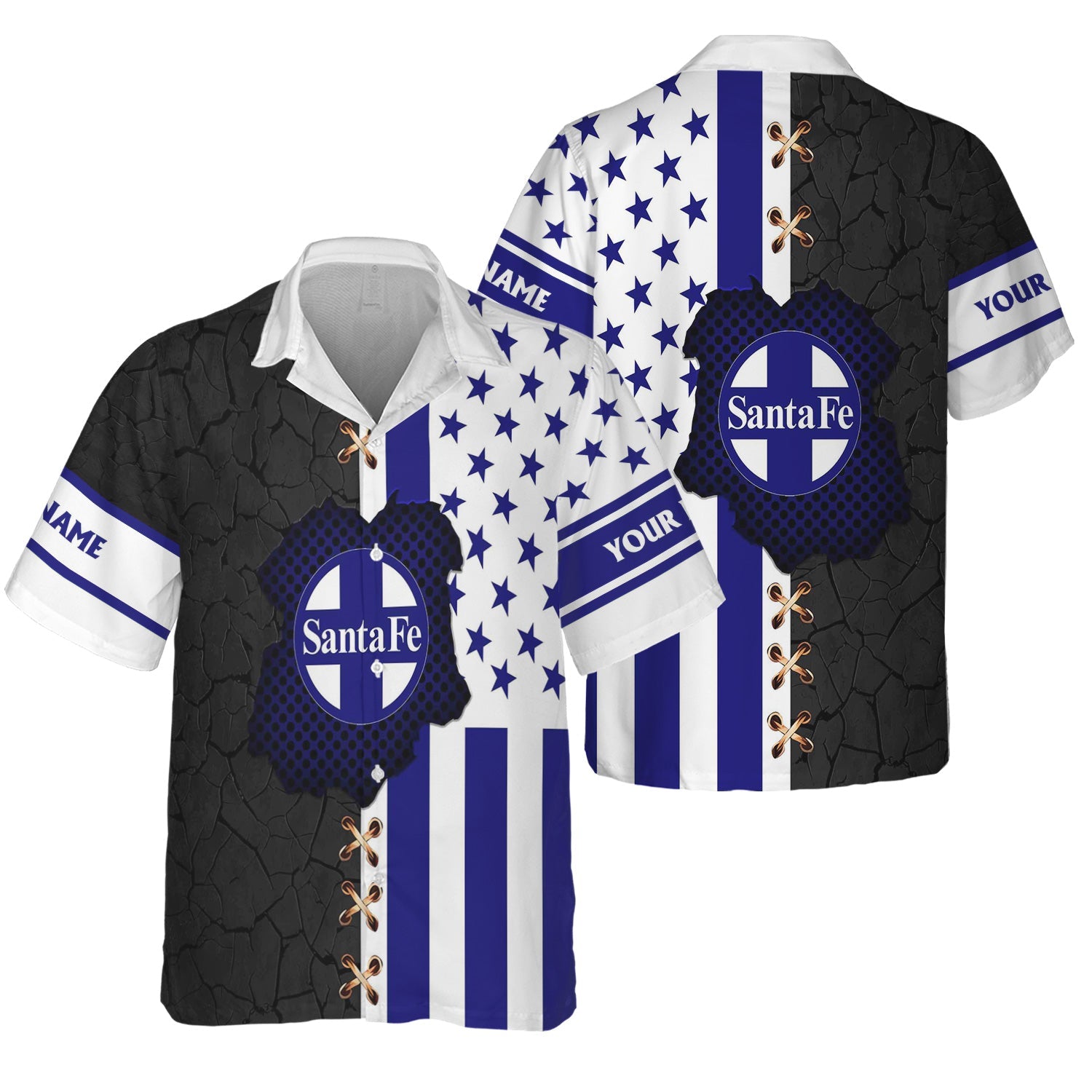 Railspirit Personalized Santa Fe ATSF Railway Hawaiian Shirt American Flag with Crack Effect Atchison, Topeka and Santa Fe Train Shirt