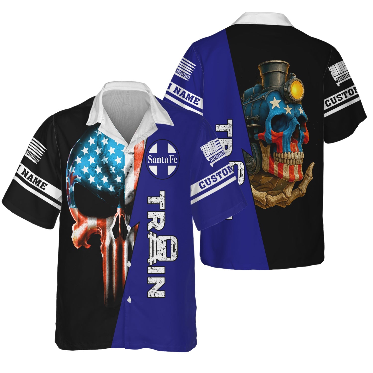 Railspirit Personalized Santa Fe Railway Hawaiian Shirt Train Skull American Flag Atchison, Topeka and Santa Fe Railway Shirt All Over Print