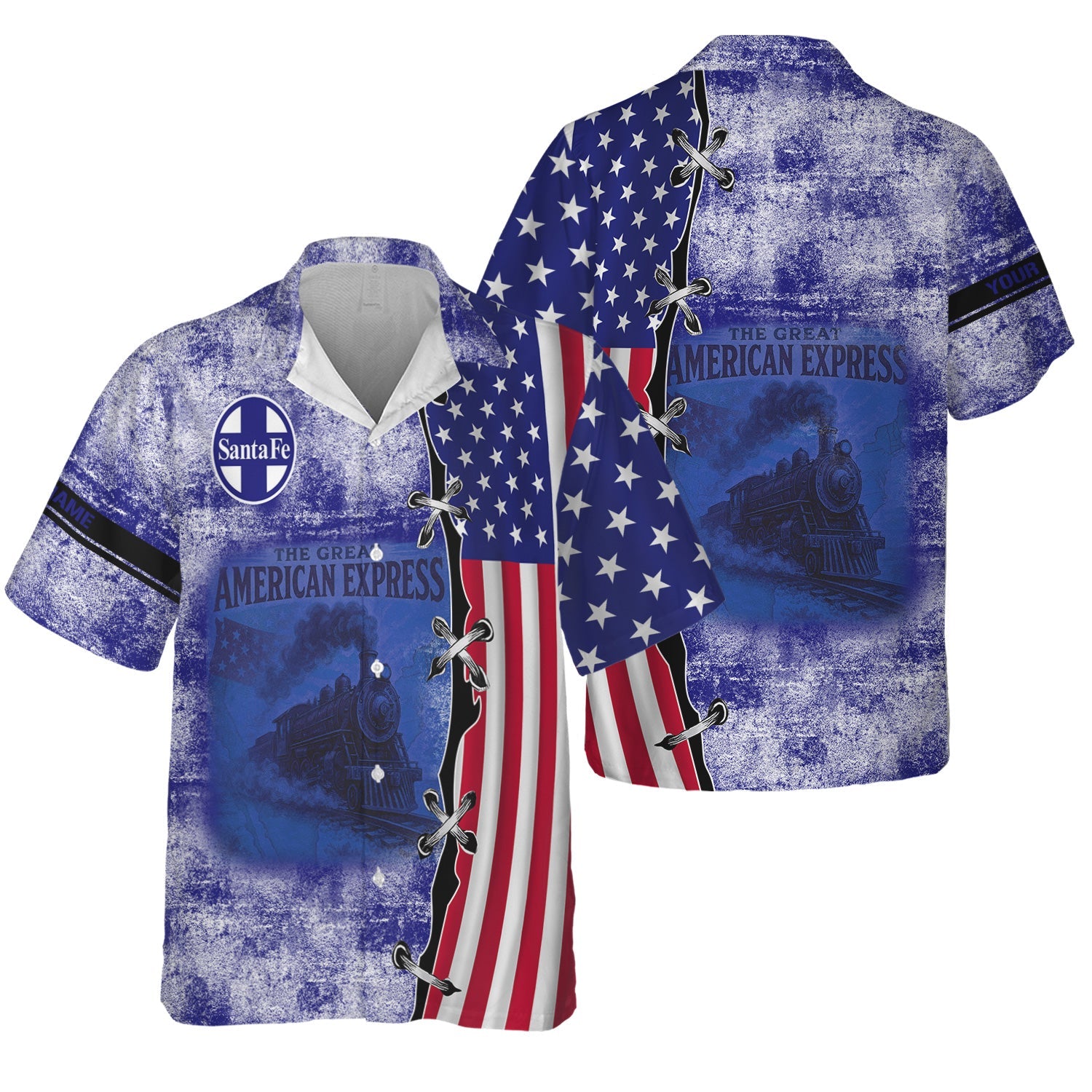 Railspirit Personalized Santa Fe Railway Hawaiian Shirt Retro American Express Train With USA Flag Atchison, Topeka and Santa Fe Railway Shirt