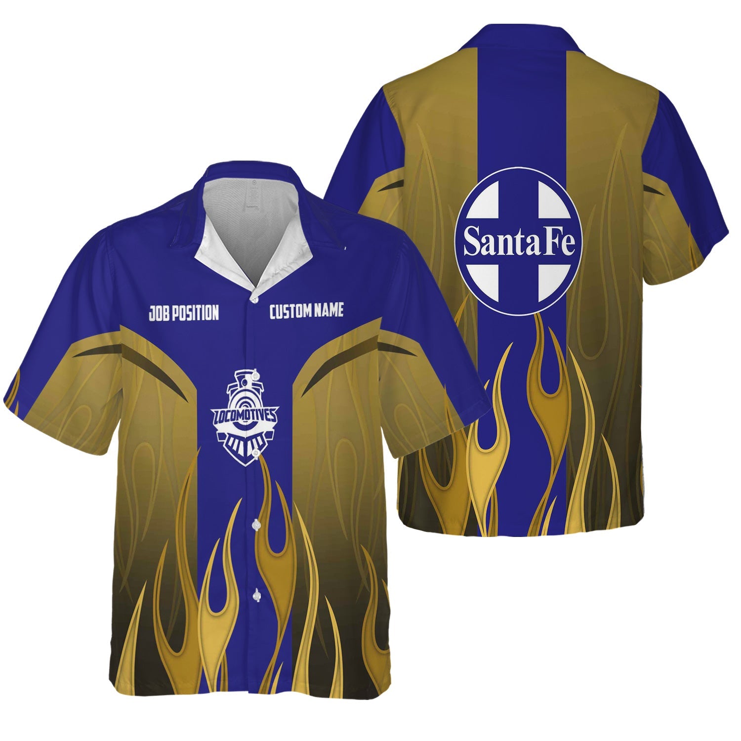 Railspirit Custom Name and Job Title Santa Fe ATSF Railway Hawaiian Shirt Flame Graphic Atchison, Topeka and Santa Fe Train Shirt For Rail Workers