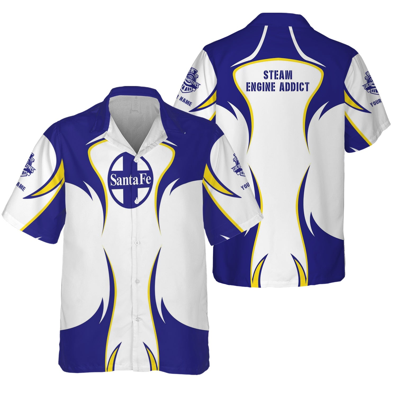 Railspirit Personalized Santa Fe Railway Hawaiian Shirt Distinctive Flame Style Atchison, Topeka and Santa Fe Railway Shirt For Steam Engine Addict