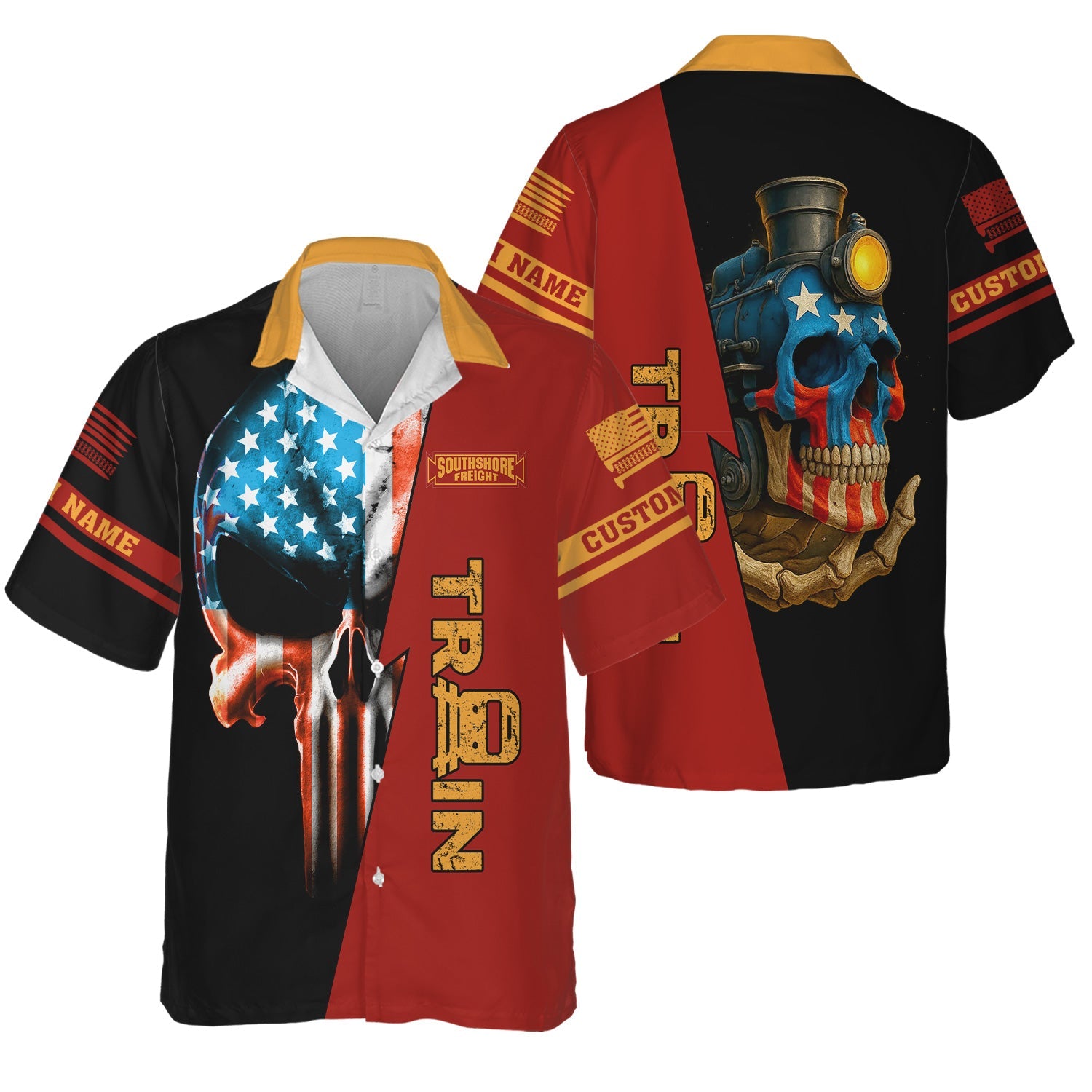 Railspirit Personalized Chicago South Shore and South Bend Railroad Hawaiian Shirt Train Skull American Flag Shirt All Over Print