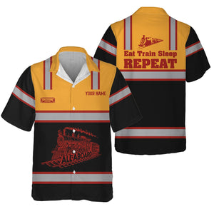 Railspirit Custom Name Chicago South Shore and South Bend Railroad Hawaiian Shirt Eat Train Sleep Repeat Printed Train Shirt