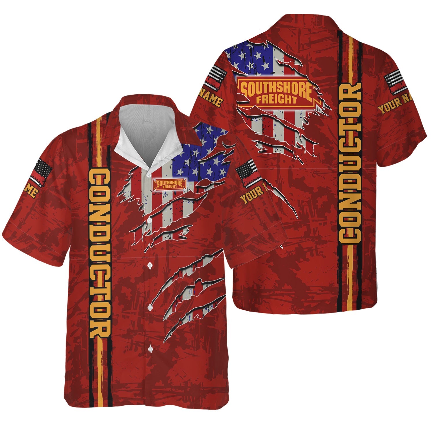 Railspirit Personalized Chicago South Shore and South Bend Railroad Hawaiian Shirt USA Flag Claw Art with Custom Job Train Shirt
