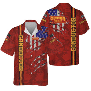 Railspirit Personalized Chicago South Shore and South Bend Railroad Hawaiian Shirt USA Flag Claw Art with Custom Job Train Shirt