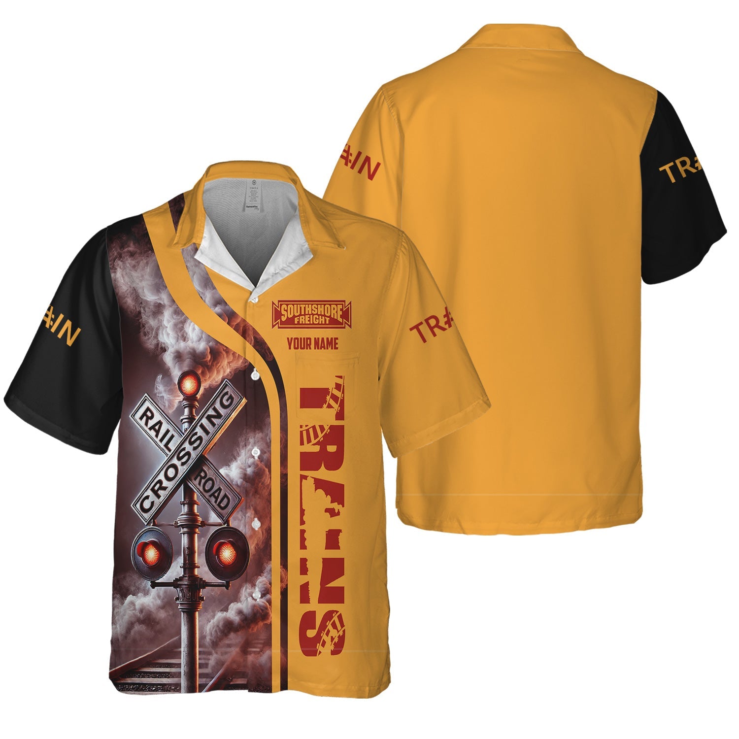 Railspirit Custom Name Chicago South Shore and South Bend Railroad Hawaiian Shirt Railroad Crossing Sign Printed Train Shirt