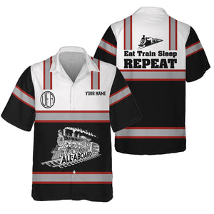 Railspirit Custom Name Union Electric Railway Hawaiian Shirt Eat Train Sleep Repeat Printed Train Shirt