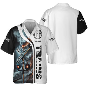 Railspirit Custom Name Union Electric Railway Hawaiian Shirt Railroad Crossing Sign Printed Train Shirt