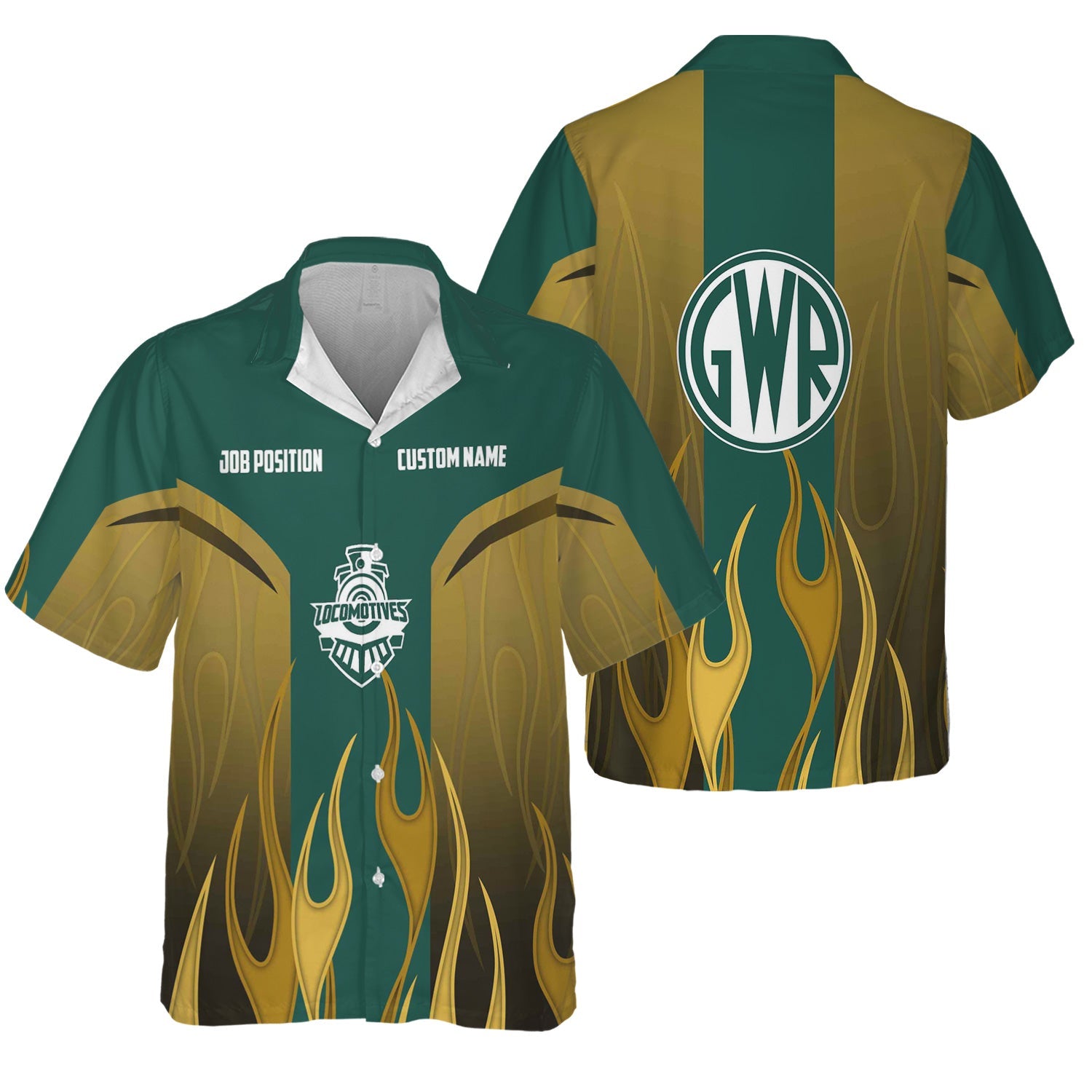 Railspirit Custom Name and Job Title Great Western Railway Hawaiian Shirt Flame Graphic Train Shirt For Rail Workers