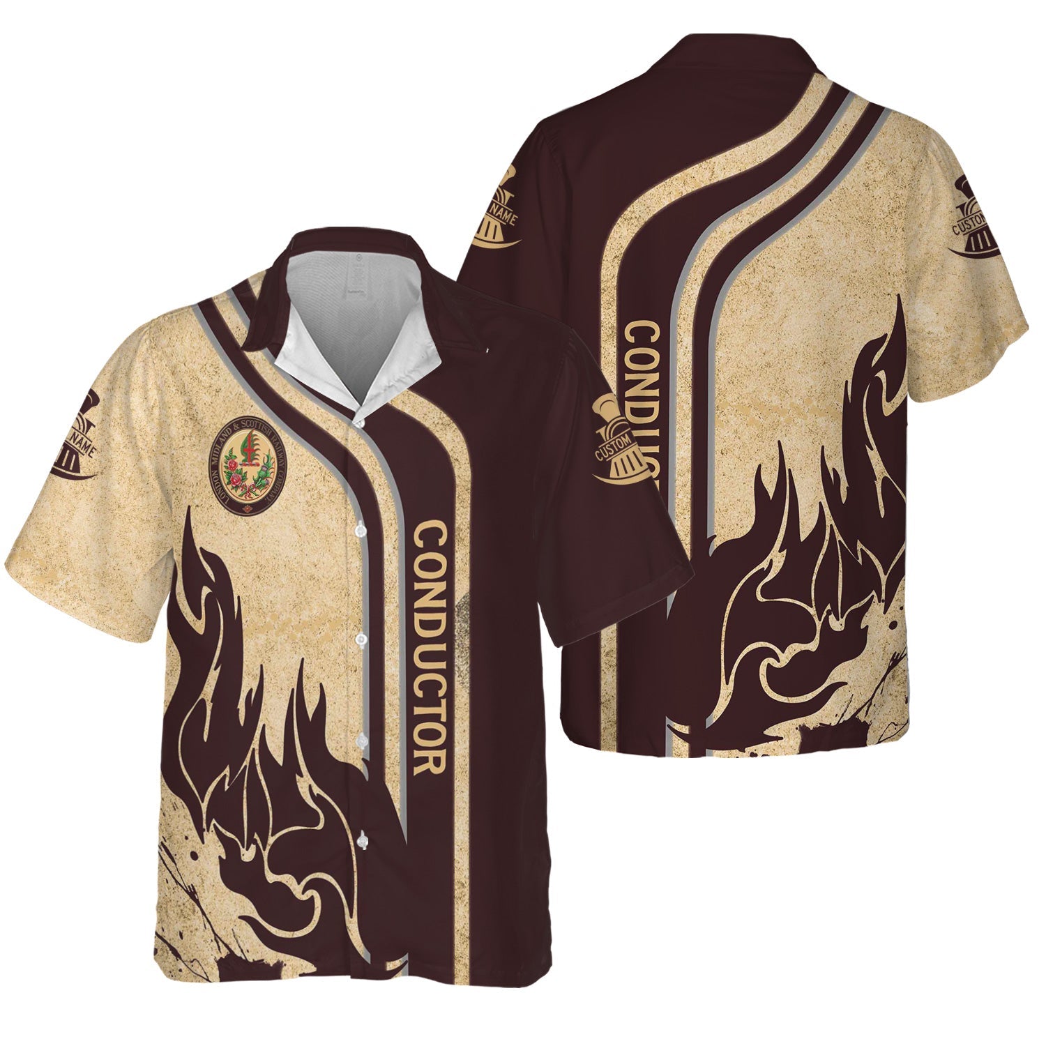 Railspirit Personalized London, Midland and Scottish Railway Hawaiian Shirt Flame Design with Custom Job Position Train Shirt