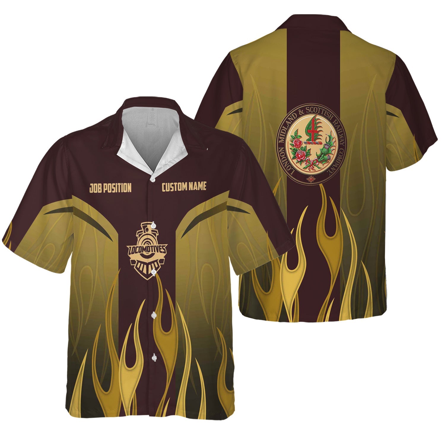 Railspirit Custom Name and Job Title London, Midland and Scottish Railway Hawaiian Shirt Flame Graphic Train Shirt For Rail Workers
