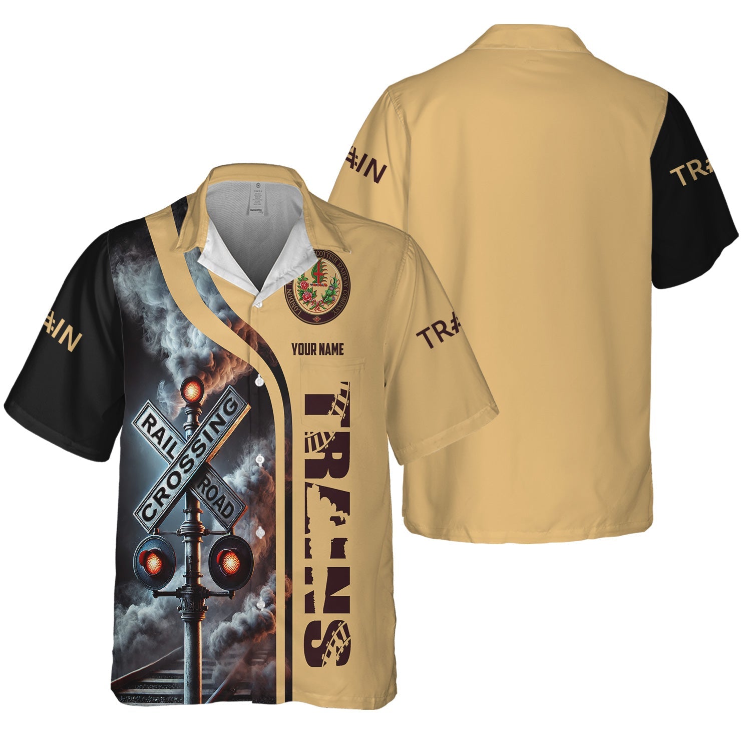 Railspirit Custom Name London, Midland and Scottish Railway Hawaiian Shirt Railroad Crossing Sign Printed Train Shirt