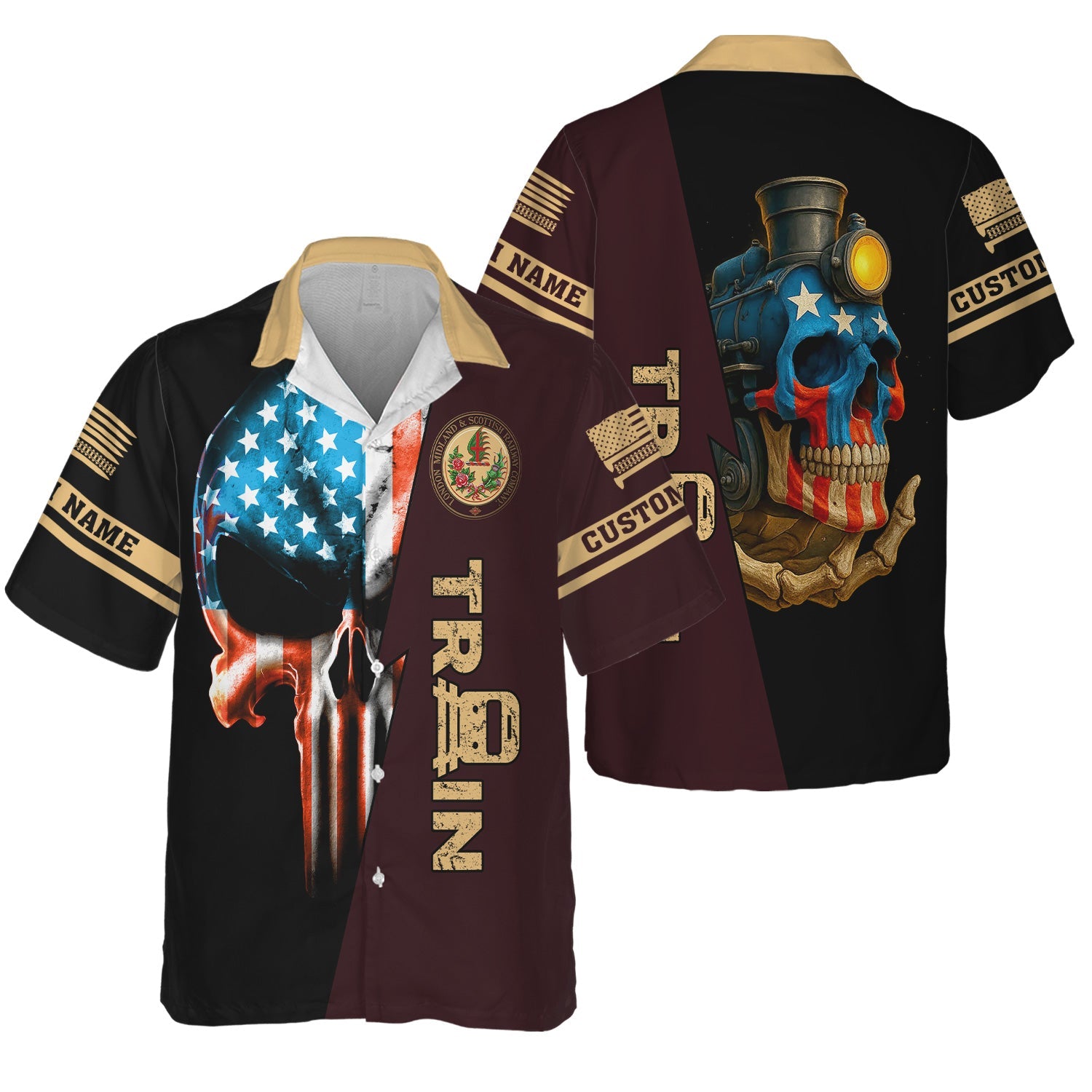 Railspirit Personalized London, Midland and Scottish Railway Hawaiian Shirt Train Skull American Flag Shirt All Over Print