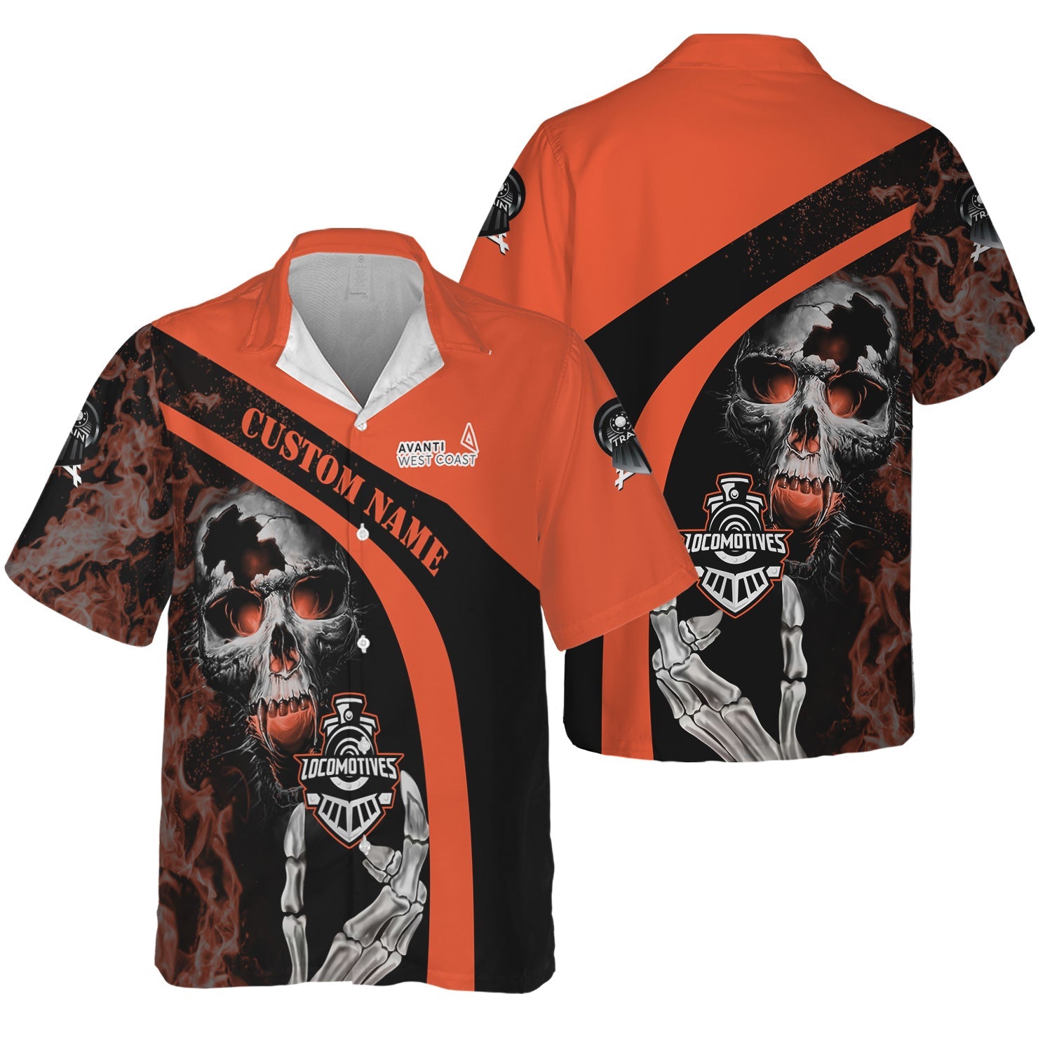 Railspirit Personalized Avanti West Coast Hawaiian Shirt Flame Skull Design Train Shirt for Locomotive Fans