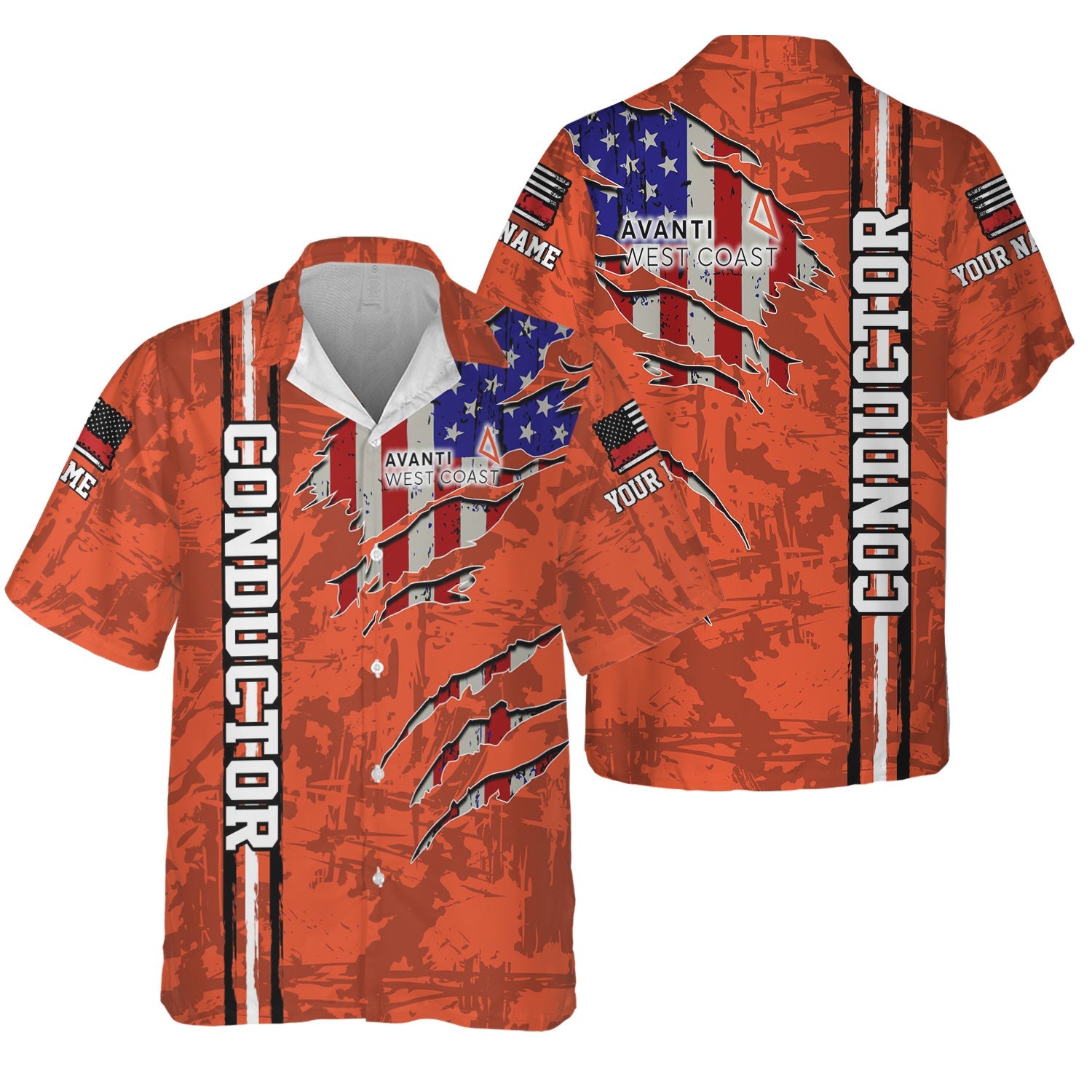 Railspirit Personalized Avanti West Coast Hawaiian Shirt USA Flag Claw Art with Custom Job Train Shirt