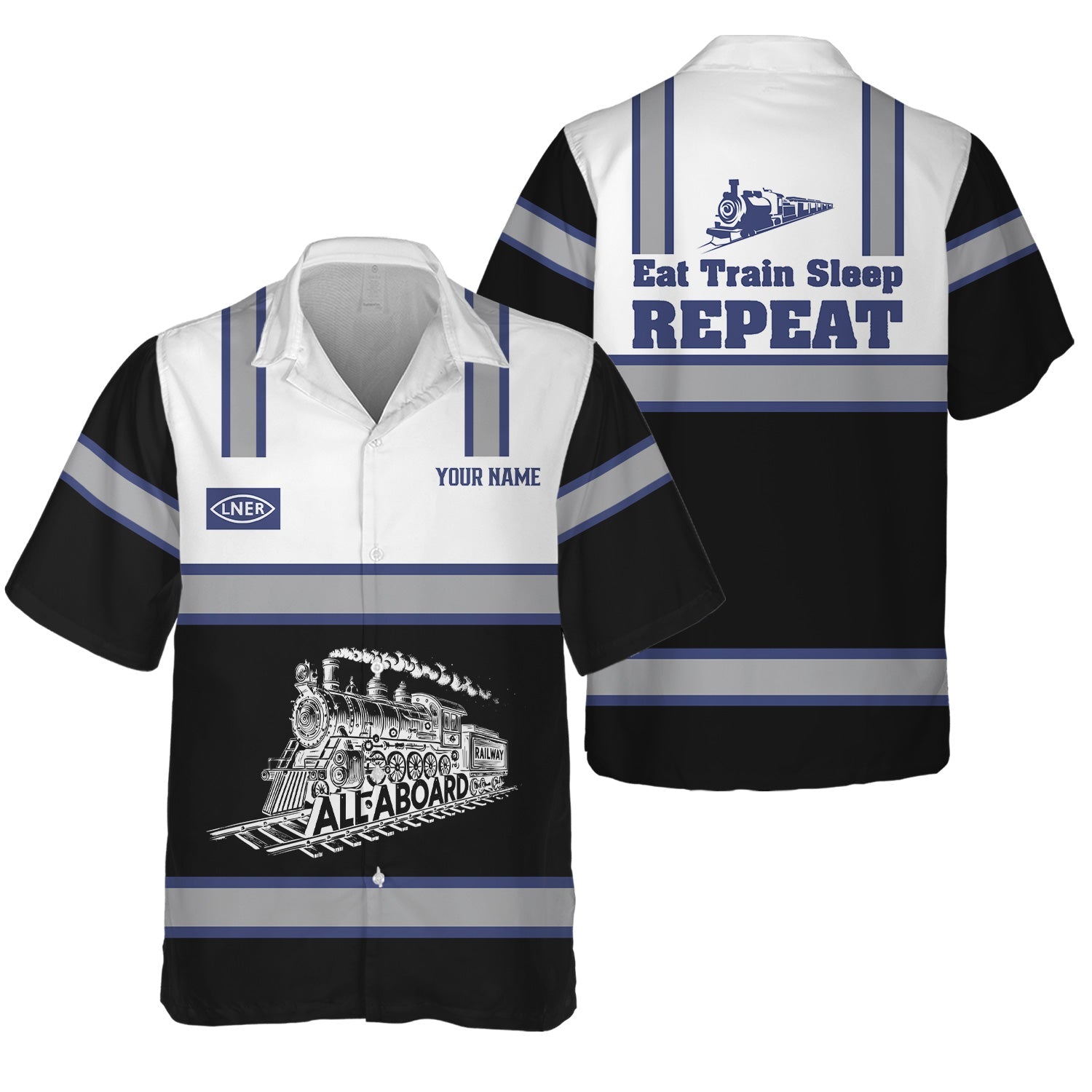 Railspirit Custom Name London and North Eastern Railway Hawaiian Shirt Eat Train Sleep Repeat Printed Train Shirt